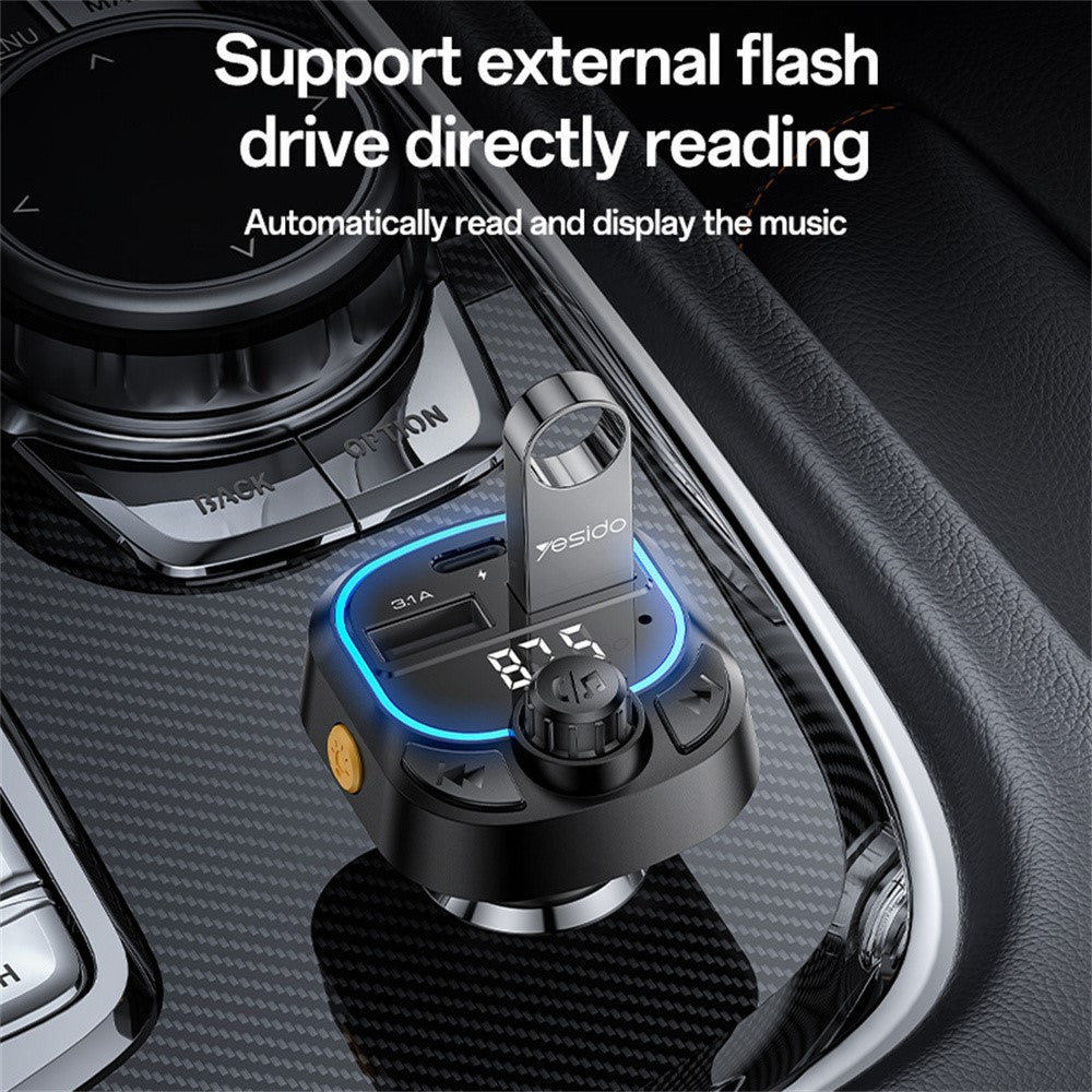 YESIDO Y70 Bluetooth-compatible 5.3 FM Transmitter Car Charger Hands Free Calling MP3 Player