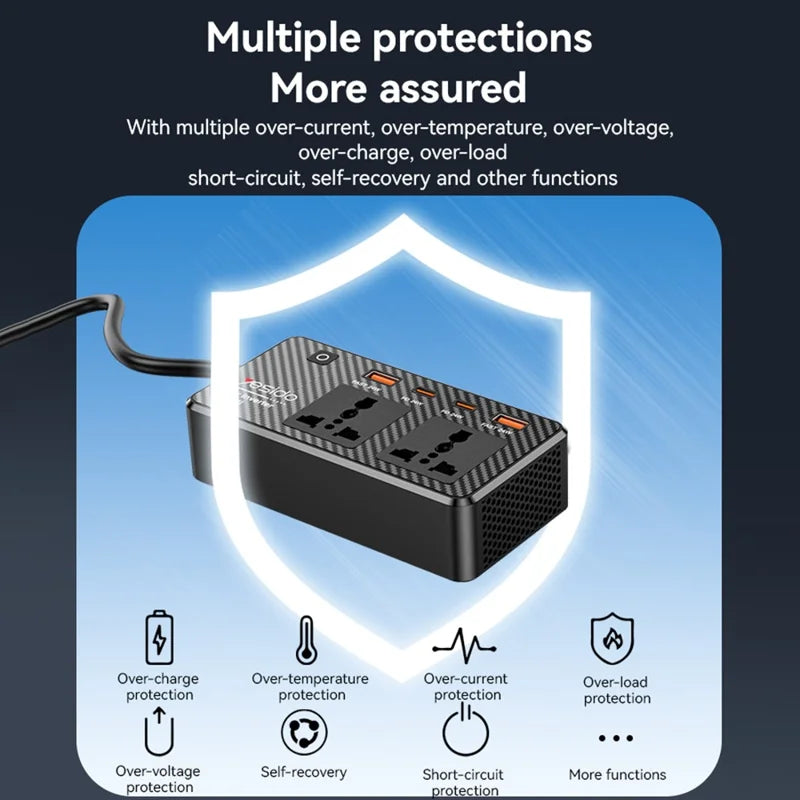 YESIDO VC07 200W High Power Car Inverter Fast Charging Adapter with 2 AC + 2 USB + 2 Type-C Ports