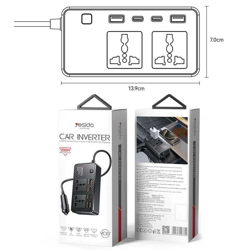 YESIDO VC07 200W High Power Car Inverter Fast Charging Adapter with 2 AC + 2 USB + 2 Type-C Ports