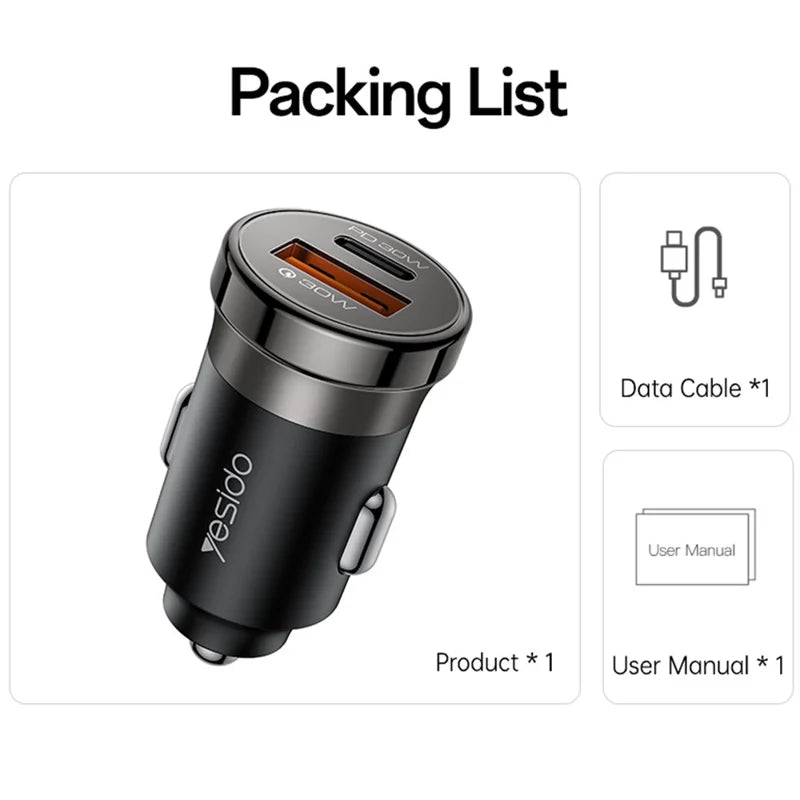 YESIDO Y73 30W Fast Car Charger Dual Port USB-A + USB-C with Type-C to ip Cable