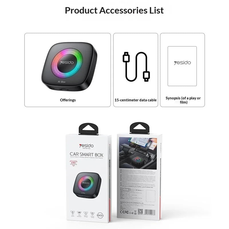 YESIDO KM33 Wireless CarPlay Android Auto AI Box 3 in 1 Dual Band WiFi Bluetooth-compatible 5.0 with RGB Light - Black