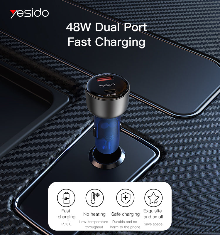 yesido 48W zinc alloy+ABS semi-transparent blue car charger Y52