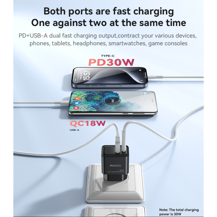 YC64 EU 30W GaN Fast Charging Home Charger(Type-C + USB Port)