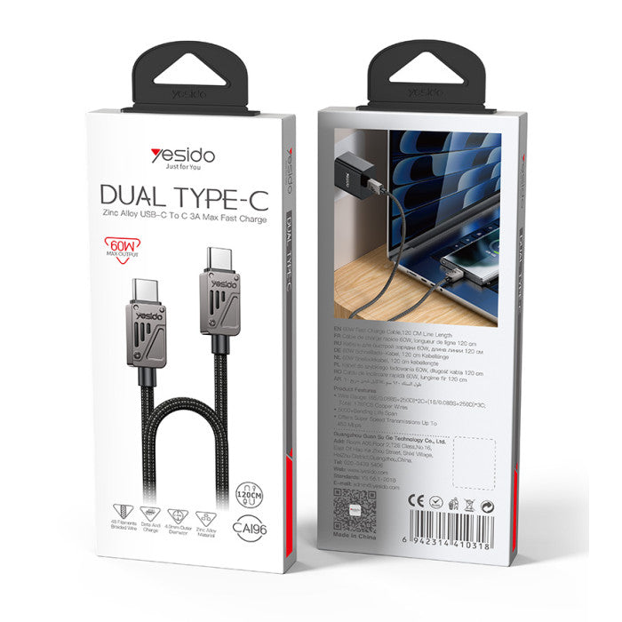 CA196 1.2M Type-C To Type-C 60W Fast Charging Data Cable