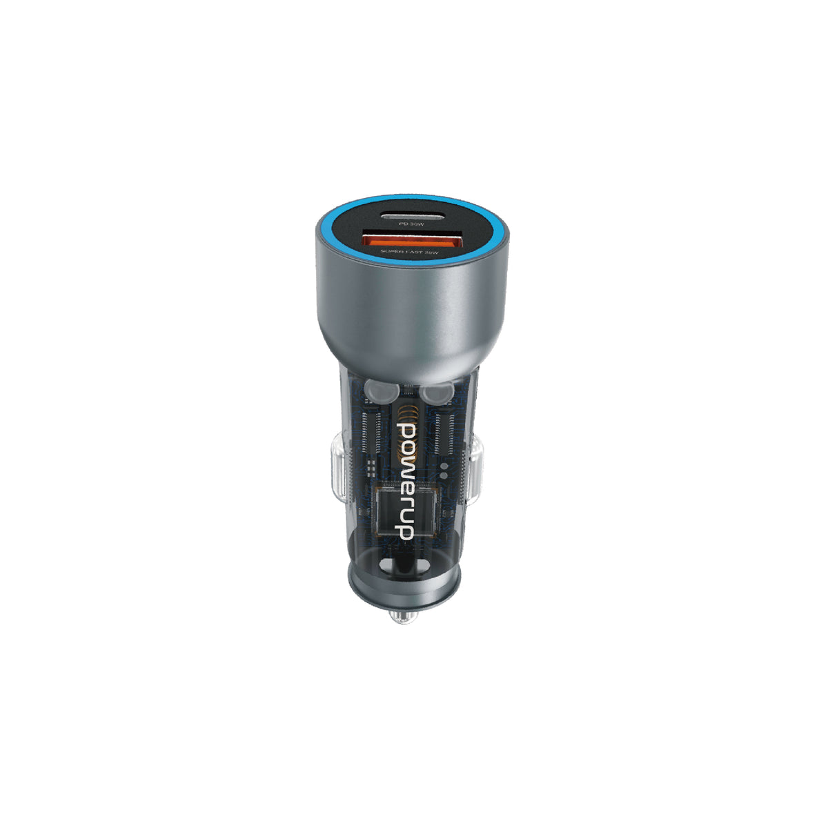 PowerUp CR-7 Fast Car Charger - PD 55W - 2 Port USB C & A - Clear
