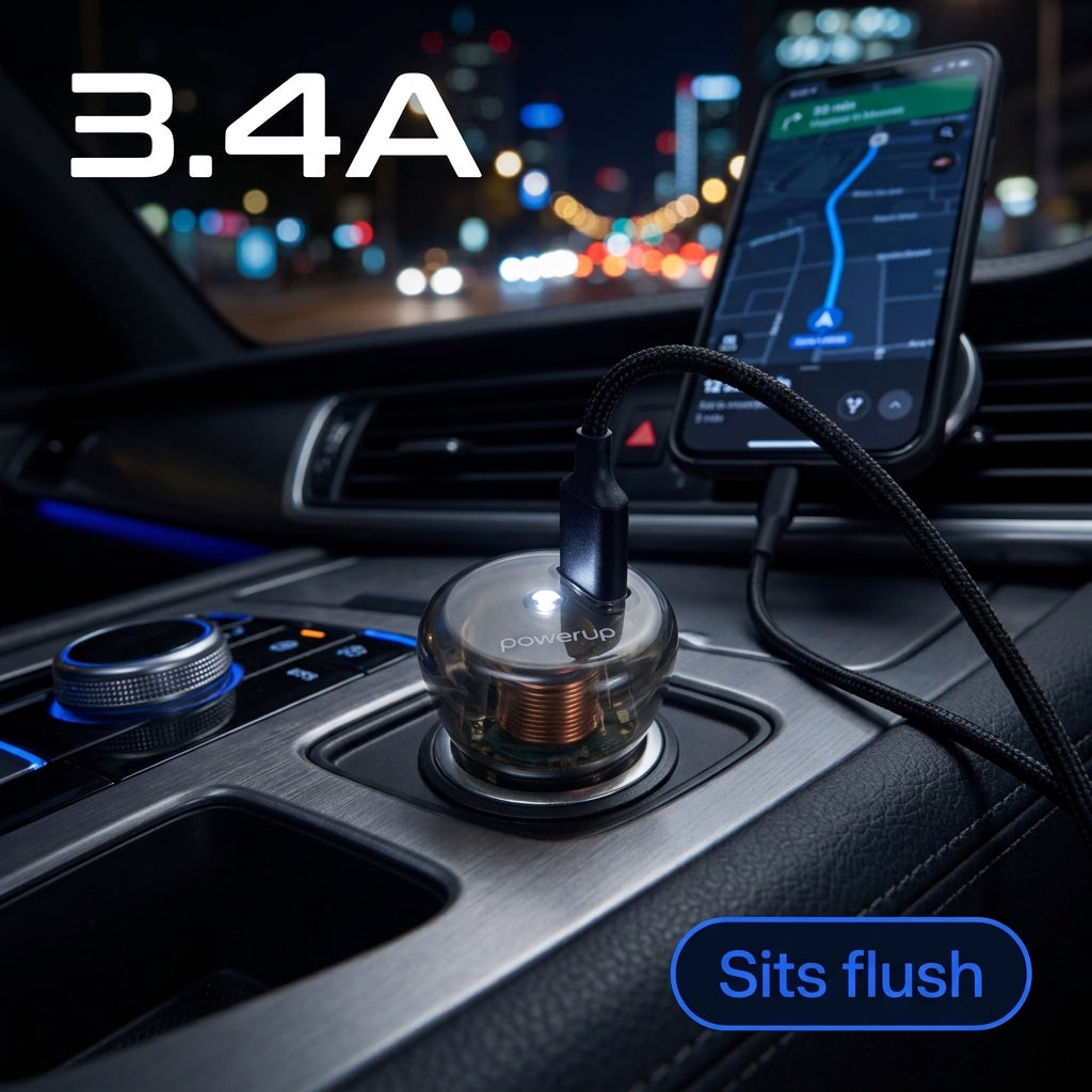 PowerUp CR-9 Mini Car Charger - 3.4A - Dual USB A - Clear