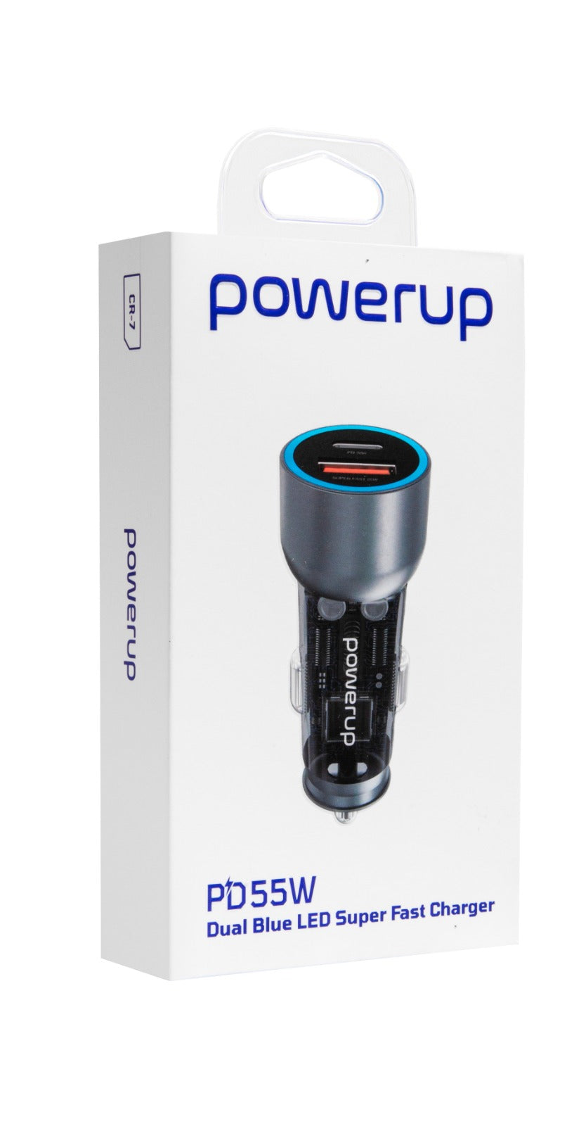 PowerUp CR-7 Fast Car Charger - PD 55W - 2 Port USB C & A - Clear
