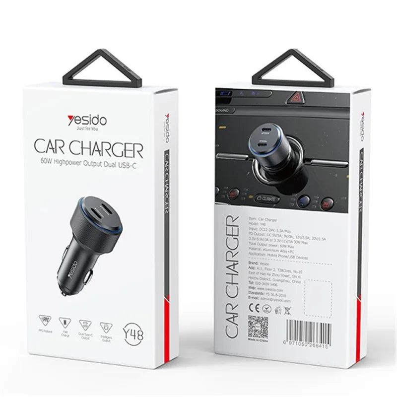 YESIDO Y48 60W High Power Fast Charging Car Charger Dual Output Phone Charger Adapter