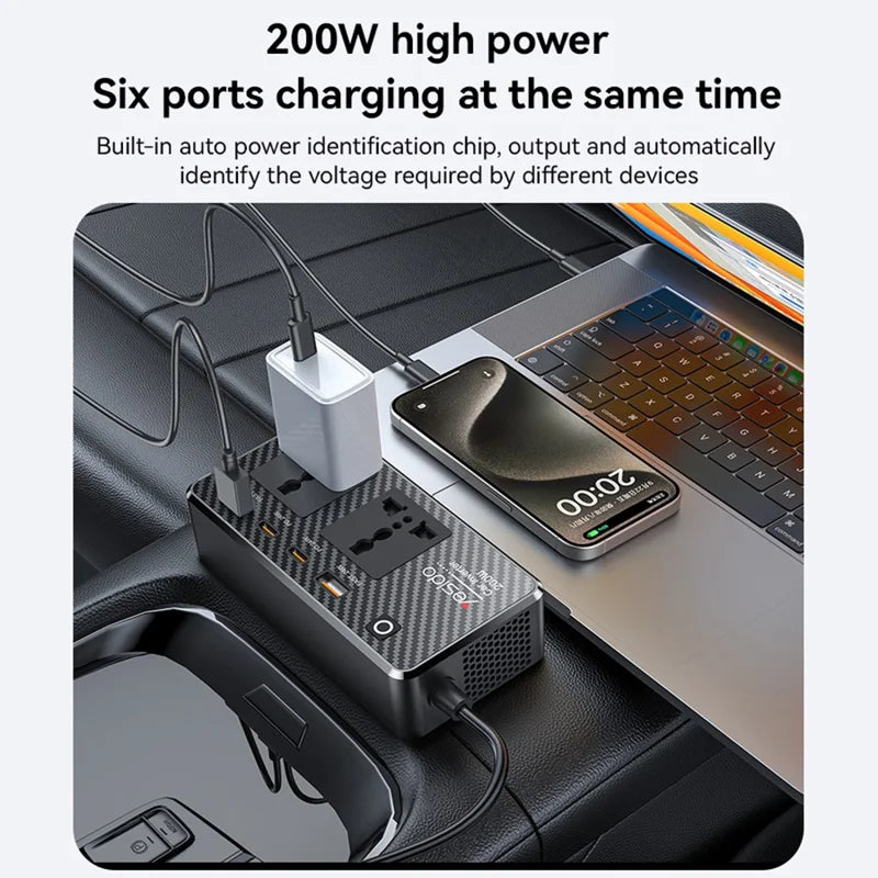YESIDO VC07 200W High Power Car Inverter Fast Charging Adapter with 2 AC + 2 USB + 2 Type-C Ports