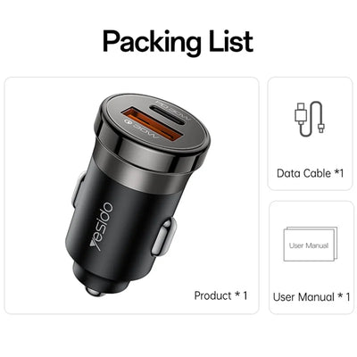 YESIDO Y73 30W Fast Car Charger Dual Port USB-A + USB-C with Type-C to ip Cable