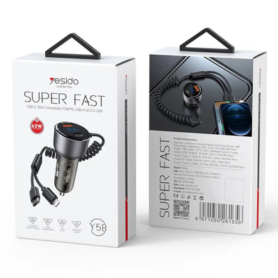 YESIDO Y58 Digital Display Fast Car Charger with iP / Type-C Coiled Cable PD 60W Cigarette Lighter Car Charger