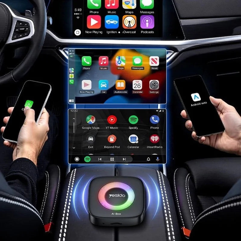 YESIDO KM33 Wireless CarPlay Android Auto AI Box 3 in 1 Dual Band WiFi Bluetooth-compatible 5.0 with RGB Light - Black