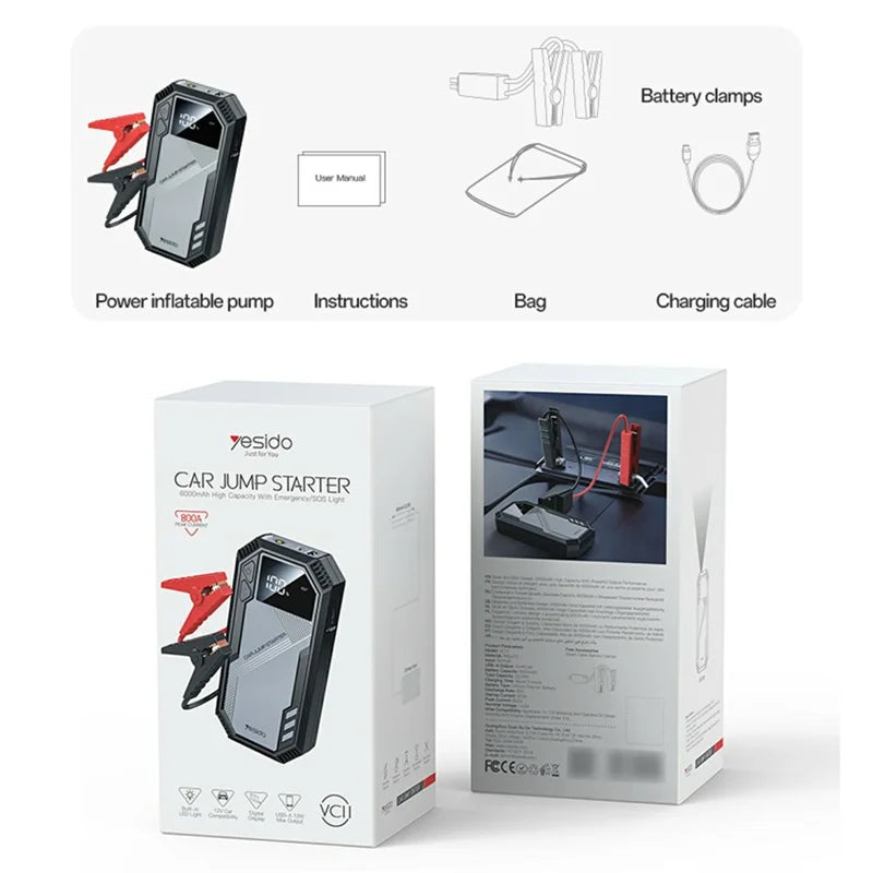 YESIDO VC11 Car Jump Starter 6000mAh Power Bank Smart Clamp for 12V Battery 3.0L Gas Diesel Vehicles