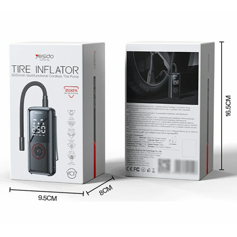 YESIDO VC17 Multi-function Wireless Tire Inflator for Car / Bicycle / Basketball Portable Air Compressor with LED Display