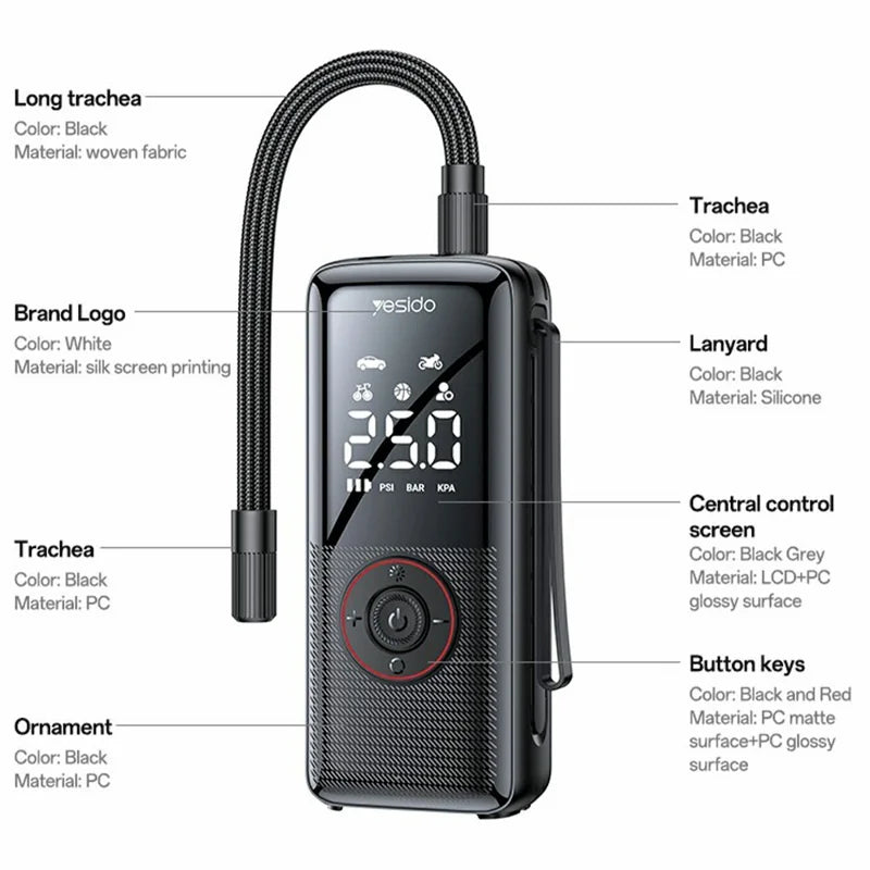 YESIDO VC17 Multi-function Wireless Tire Inflator for Car / Bicycle / Basketball Portable Air Compressor with LED Display