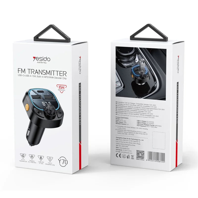 YESIDO Y70 Bluetooth-compatible 5.3 FM Transmitter Car Charger Hands Free Calling MP3 Player