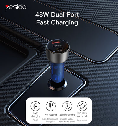 yesido 48W zinc alloy+ABS semi-transparent blue car charger Y52