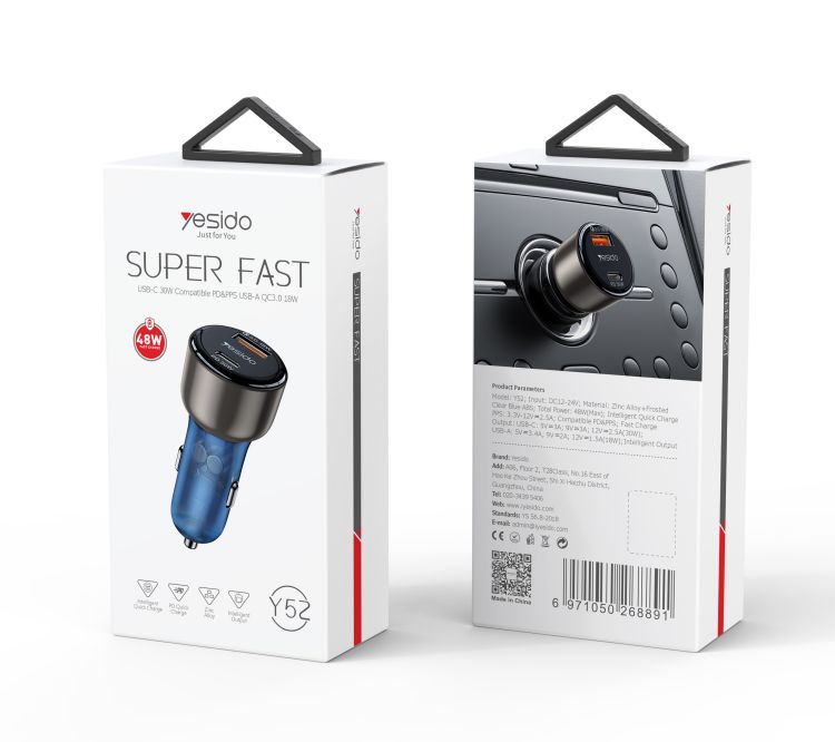 yesido 48W zinc alloy+ABS semi-transparent blue car charger Y52