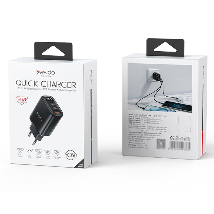 YC69 EU 30W Power Display Fast Charging Wall Charger