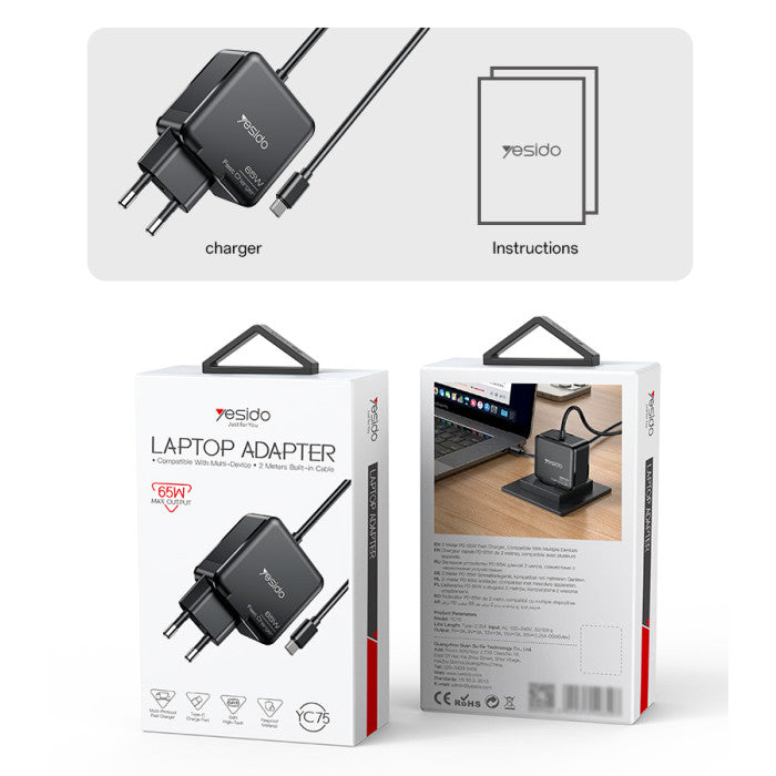 Yesido YC75 65W Fast Charging EU Standard Laptop Adapter Charger