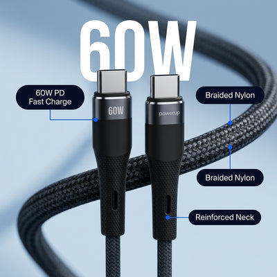 Power Up CC-15 - Type C To Type C 60W Fast Charging Nylon Cable, 1M