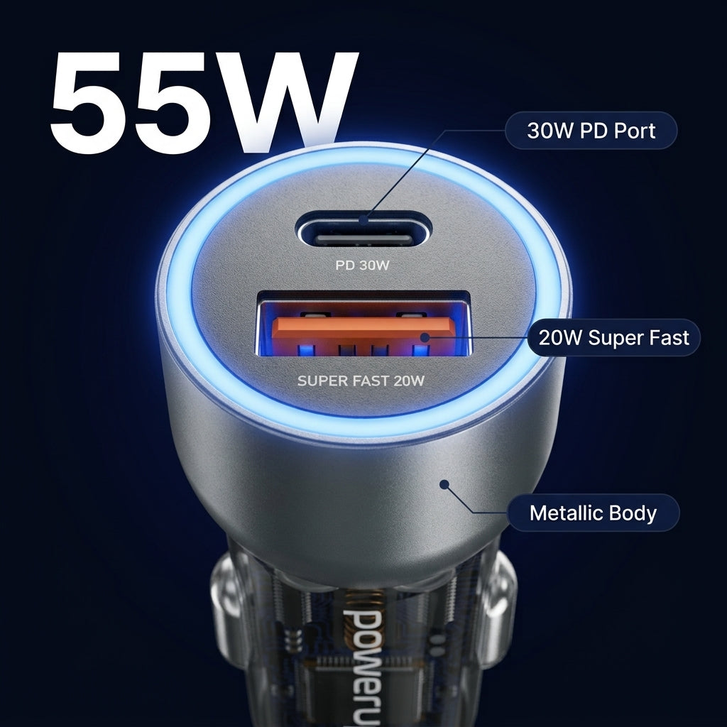 PowerUp CR-7 Fast Car Charger - PD 55W - 2 Port USB C & A - Clear
