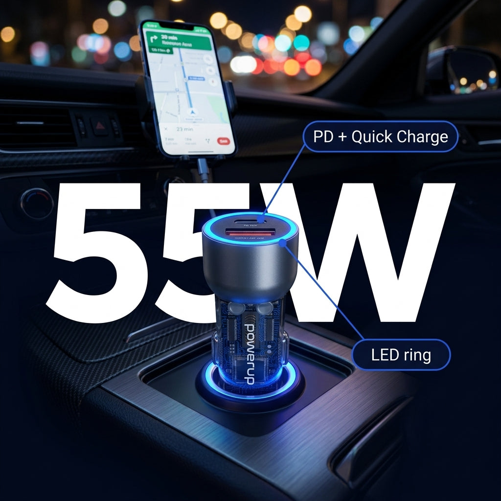 PowerUp CR-7 Fast Car Charger - PD 55W - 2 Port USB C & A - Clear
