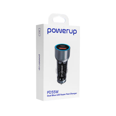 PowerUp CR-7 Fast Car Charger - PD 55W - 2 Port USB C & A - Clear