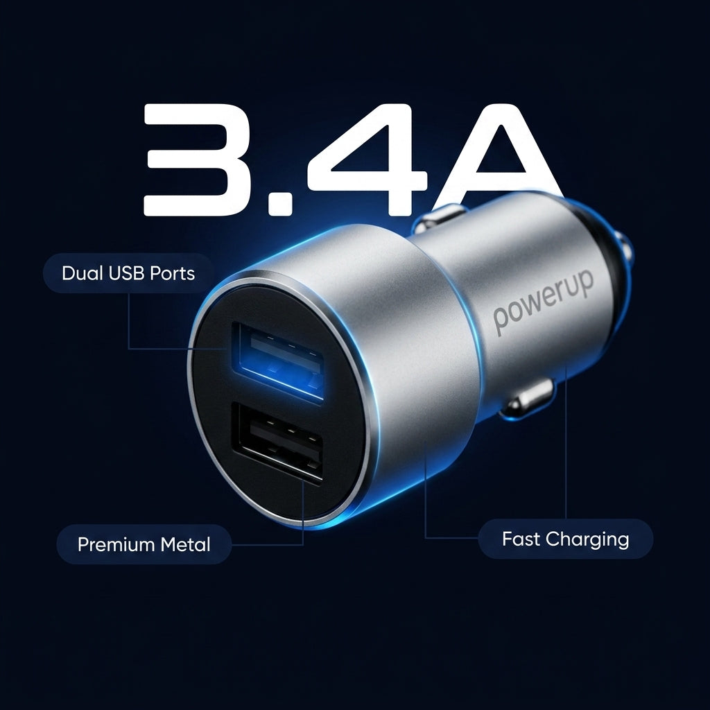 PowerUp CR-8 Dual USB Car Charger – 3.4A – Silver