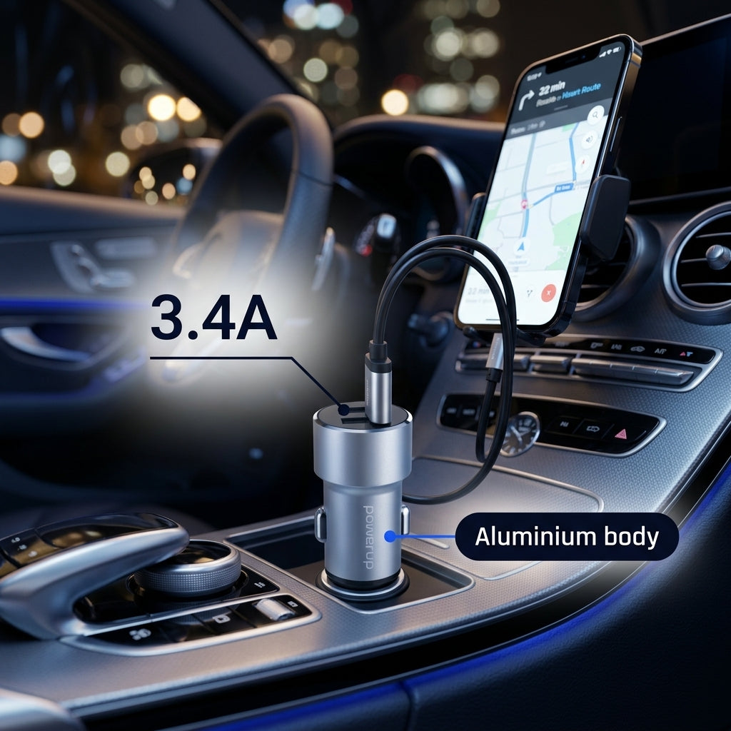 PowerUp CR-8 Dual USB Car Charger – 3.4A – Silver
