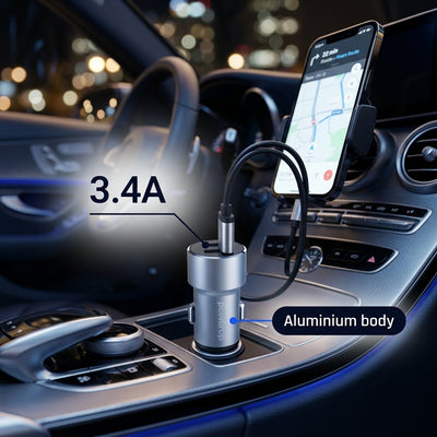PowerUp CR-8 Dual USB Car Charger – 3.4A – Silver