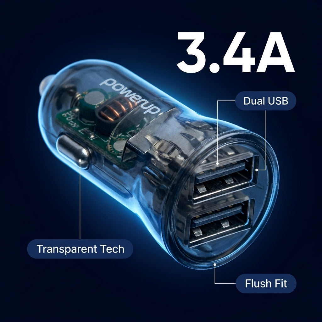 PowerUp CR-9 Mini Car Charger - 3.4A - Dual USB A - Clear
