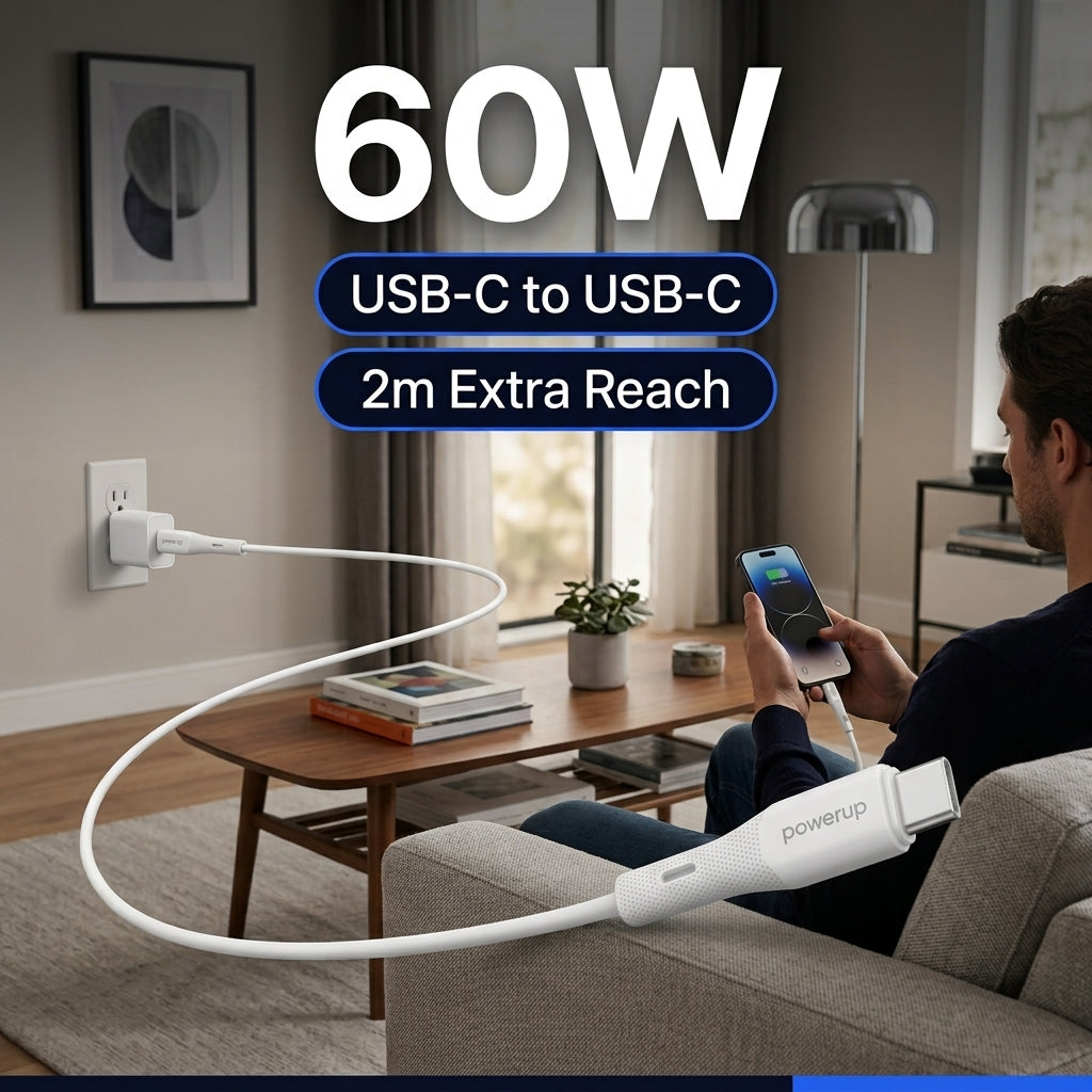 PowerUp SC-3 - Type C To Type C 60W Fast Charging Silicon Cable, 2M-White