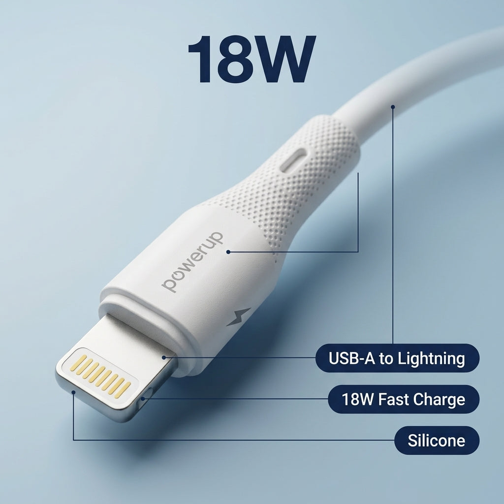 PowerUp Sl-6 - USB To Lightning 18W Fast Charging Silicon Cable, 1M-White